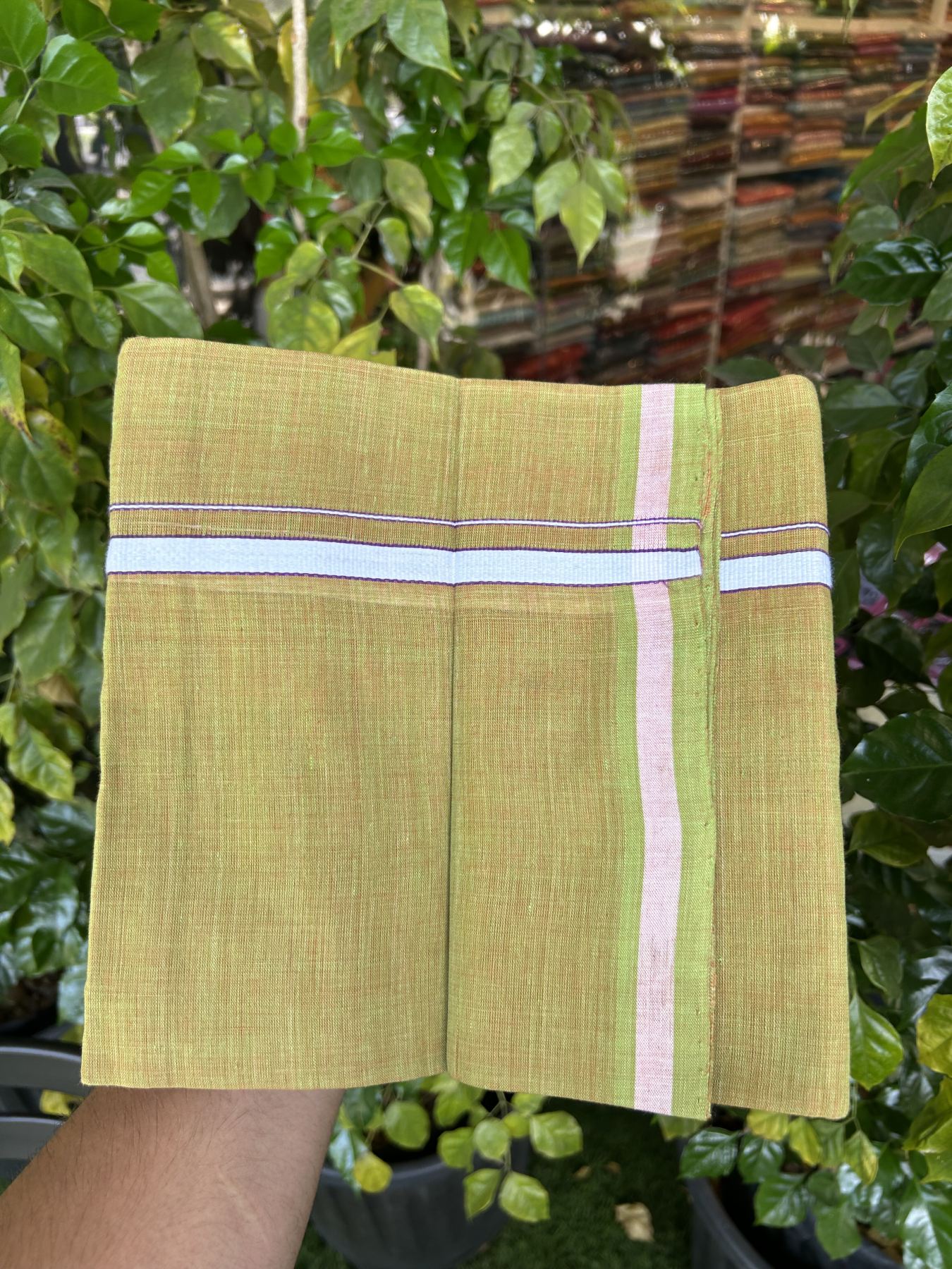 Kerala Handloom Single Hallmarked - 10% Discount !! KaithariKada 100% Pure Cotton - Mundu/Dhoti Orange & Parrot Green Body - 0.5 inch White & Purple Stripes Kara - (2 meter / 4 muzham) - 29 KK8048 ELA