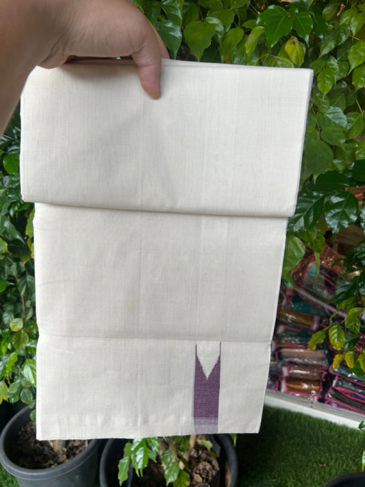 25% Discount!!! KaithariKada HANDLOOM UNAKKUPAAV Balaramapuram - 100% PURE Cotton OFF WHITE (Unbleached) Double Mundu/Dhoti - 80x90 - 1 inch Dark purple shaded chutty 4 Mtr (8.5 Muzham) - 22KK5235 YAR