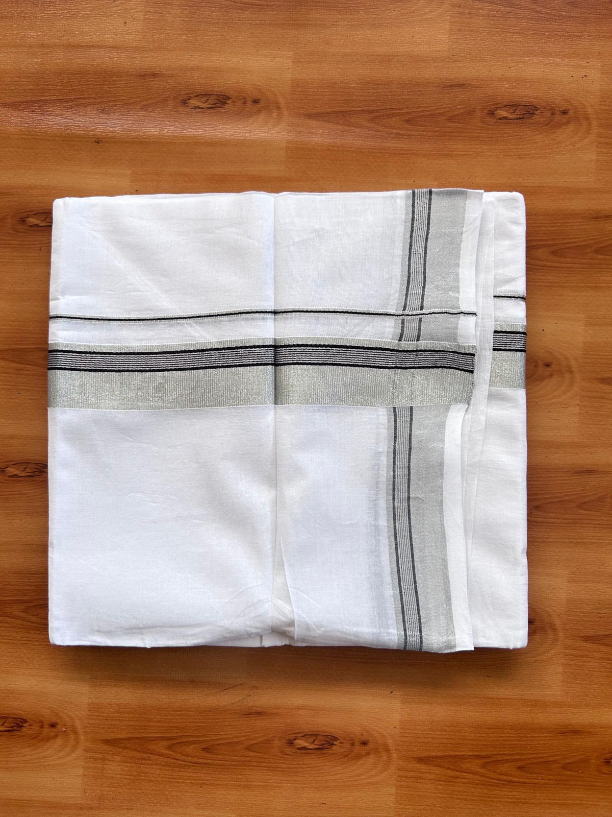 Pure white Double Mundu/Dhoti - 20% Discount! KaithariKada 100% Cotton - 100X80 - 1.25 inch Silver Kasav & Black Stripes Kara - 3.90 mtr (8.5 muzham) - 25 KK5515 CKS