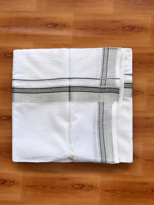 Pure white Double Mundu/Dhoti - 20% Discount! KaithariKada 100% Cotton - 100X80 - 1.25 inch Silver Kasav & Black Stripes Kara - 3.90 mtr (8.5 muzham) - 25 KK5515 CKS