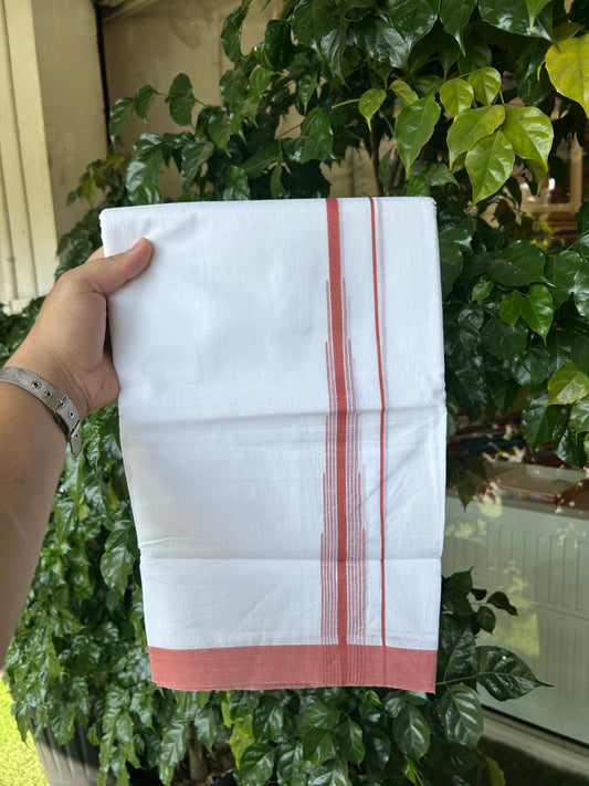 20% Discount ! Kaitharikada Balaramapuram 100% Pure Cotton Double Pure White Mundu/Dhoti - 100x80 - 1.25 inch Peachish Red Shaded Striped Chutty 3.90 mtr (8 muzham) - 75 KK5361 PMC