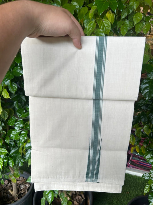 25% Discount!!! KaithariKada HANDLOOM UNAKKUPAAV Balaramapuram - 100% PURE Cotton OFF WHITE (Unbleached) Double Mundu/Dhoti - 80x90 - 1 inch Green stripes chutty 4 Mtr (8.5 Muzham) - 23KK5235 YAR