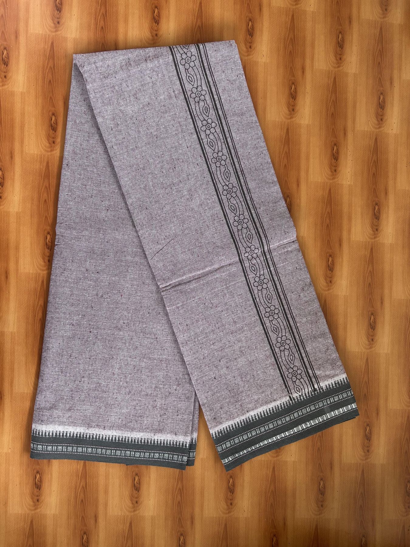Kaitharikada - Single Kaily / Lungi -Mixed Cotton - 40s twisted - 2 inch Ash Black Design Printed Kuppadam Kara With Greyish Purple Colour Body (2 meter / 4 muzham) - 4 KK8056 AST