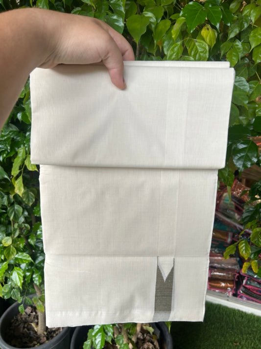 25% Discount!!! KaithariKada HANDLOOM UNAKKUPAAV Balaramapuram - 100% PURE Cotton OFF WHITE (Unbleached) Double Mundu/Dhoti - 80x90 - 1 inch Bronze Olive shaded chutty 4 Mtr (8.5 Muzham) - 24KK5235 YAR