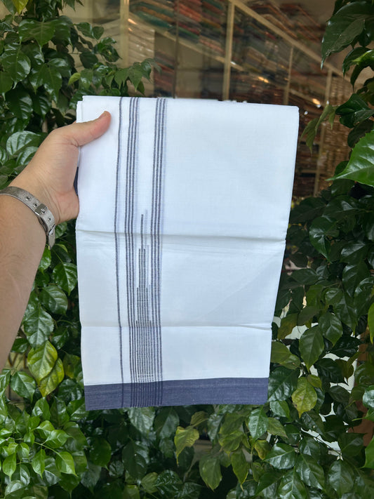 20% Discount ! Kaitharikada Balaramapuram 100% Pure Cotton Double Pure White Mundu/Dhoti - 100x80 - 1.5 inch Navy Blue shaded striped Temple chutty 3.90 mtr (8.5 muzham) - 126 KK5361 PMC