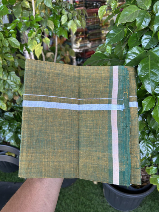 Kerala Handloom Single Hallmarked - 10% Discount !! KaithariKada 100% Pure Cotton - Mundu/Dhoti Orange Green Body - 1.5 cm White Kara - (2 meter / 4 muzham) - 53 KK8048 ELA