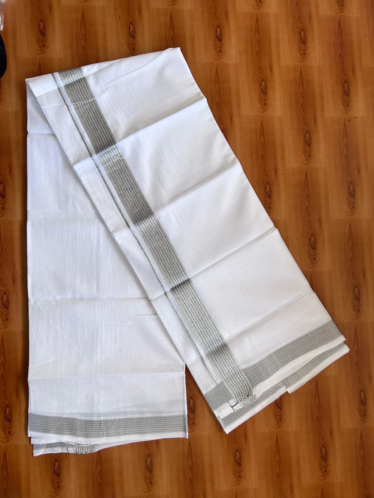 Pure white Double Mundu/Dhoti - 20% Discount! KaithariKada 100% Cotton - 100X80 - 1.5 inch Silver Kasav & Black Stripes Kara - 3.90 mtr (8.5 muzham) - 23 KK5515 CKS