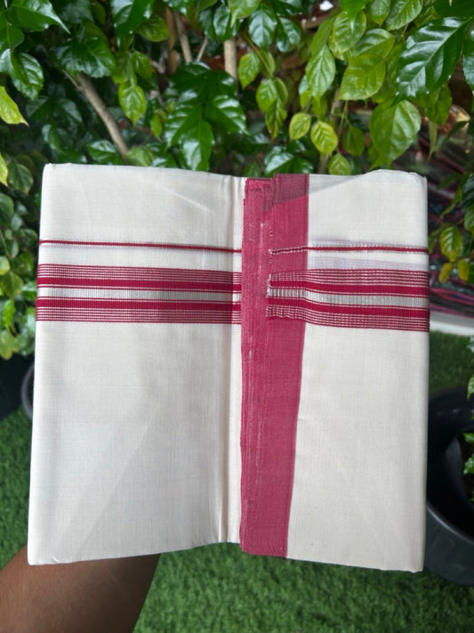 25% Discount!!! KaithariKada HANDLOOM MILLPAAV Balaramapuram - 100% PURE Cotton OFF WHITE (Unbleached) Double Mundu/Dhoti - 80x90 - 1.5 inch Silver kasavu Maroon striped kara 4 Mtr (8.5 Muzham) - 25KK5235 YAR