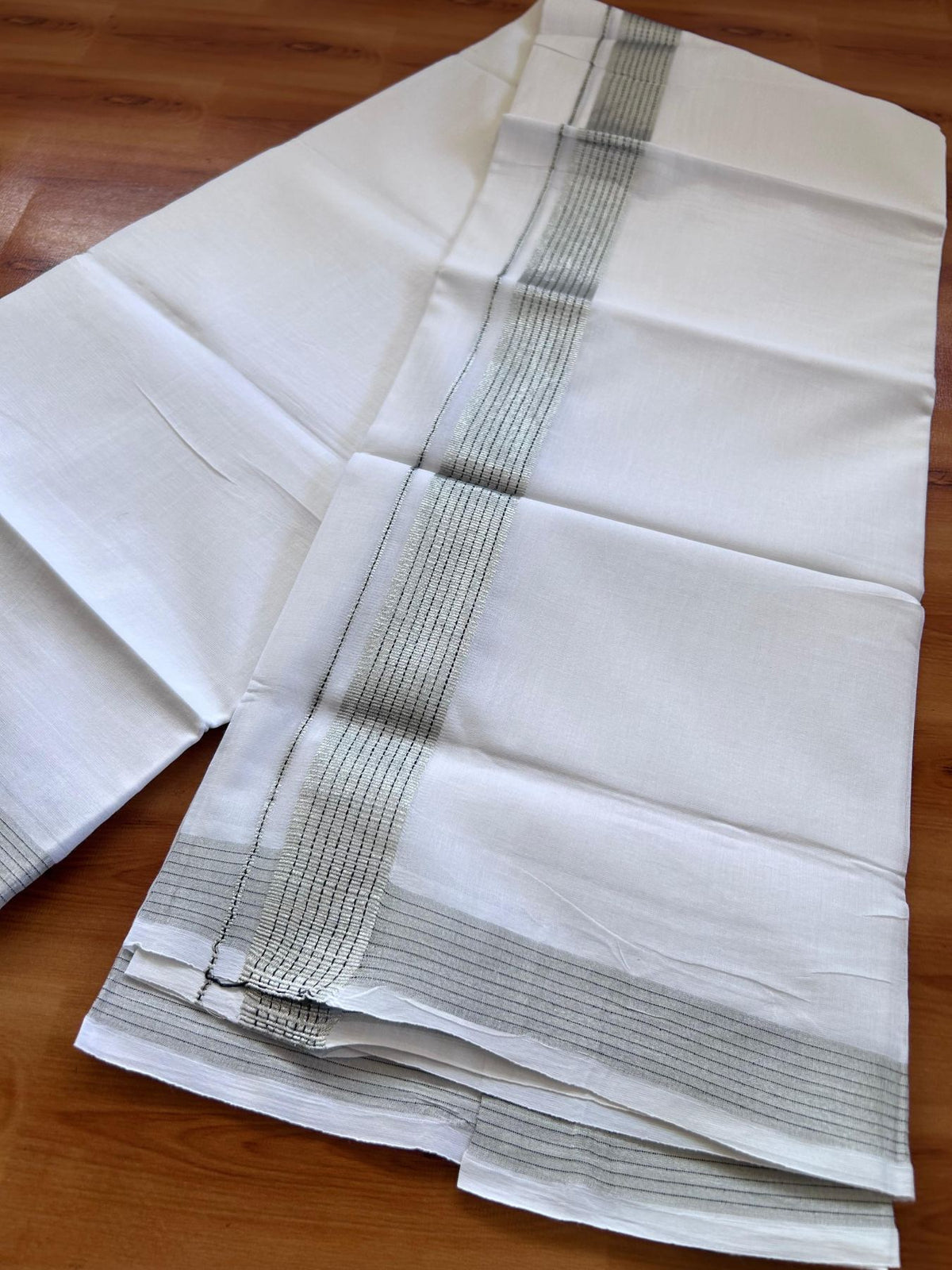 Pure white Double Mundu/Dhoti - 20% Discount! KaithariKada 100% Cotton - 100X80 - 1.5 inch Silver Kasav & Black Stripes Kara - 3.90 mtr (8.5 muzham) - 23 KK5515 CKS