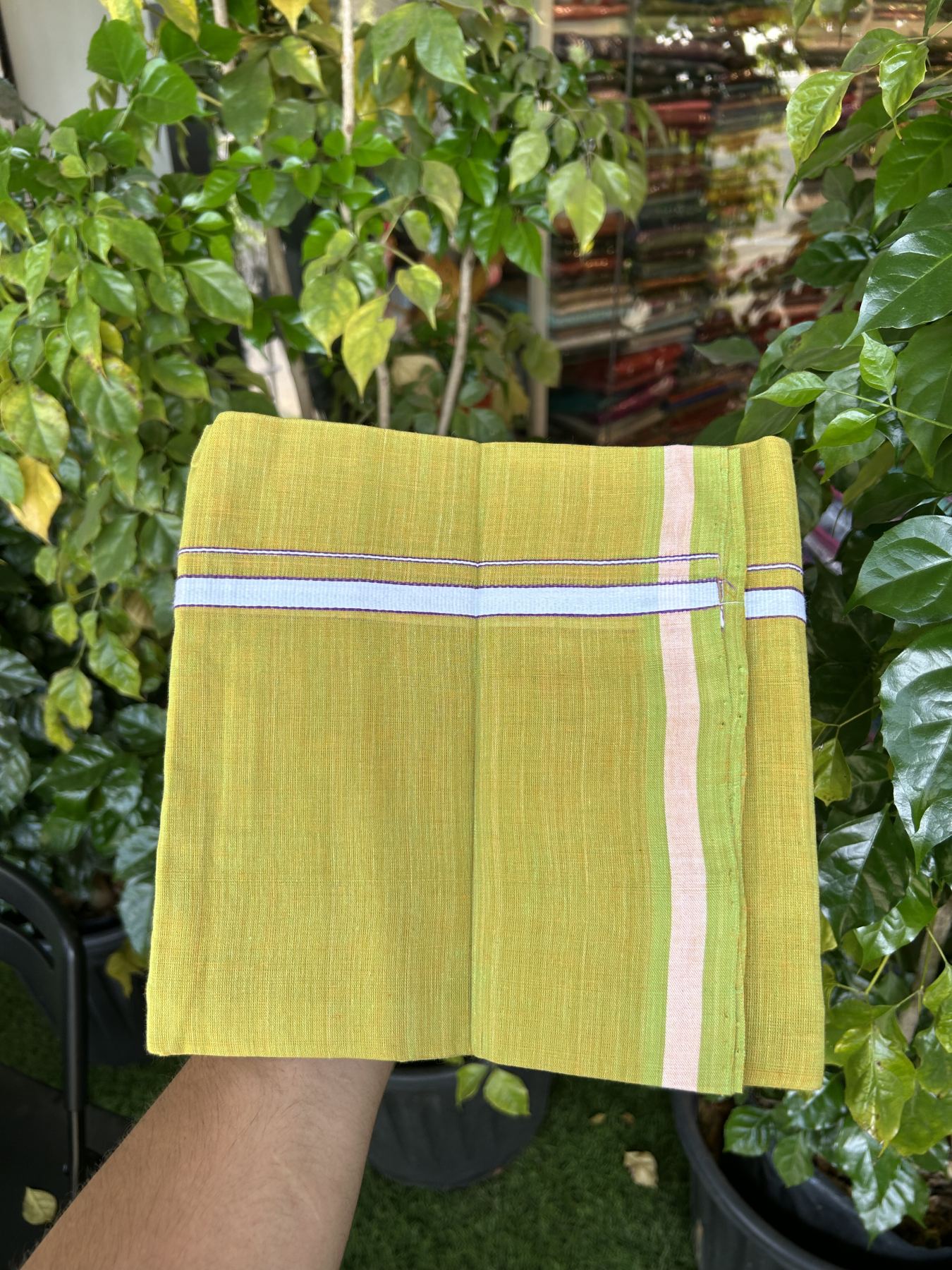 Kerala Handloom Single Hallmarked - 10% Discount !! KaithariKada 100% Pure Cotton - Mundu/Dhoti Orange Light Parrot Green Body - 1.5 cm White & Purple Kara - (2 meter / 4 muzham) - 55 KK8048 ELA
