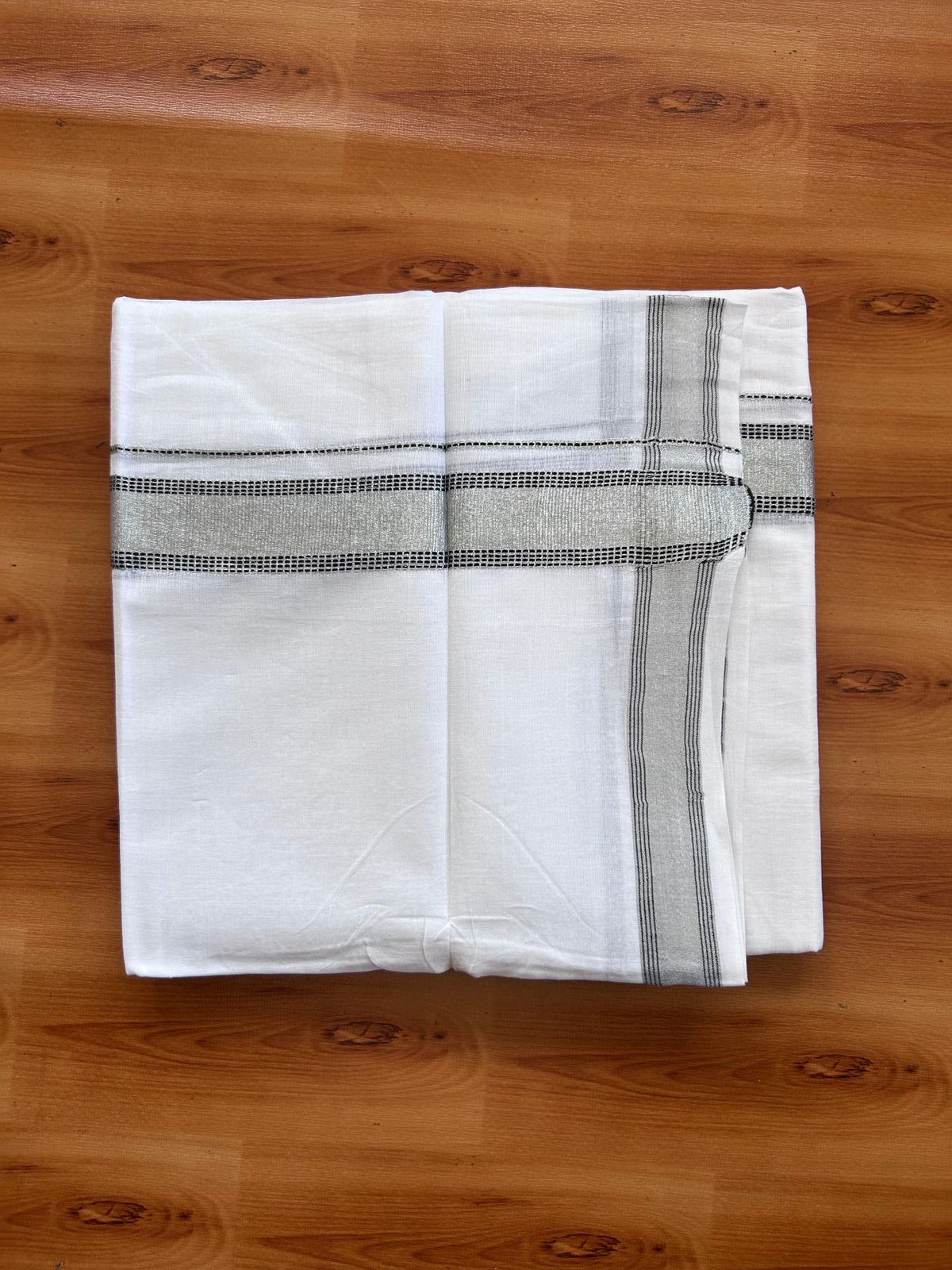 Pure white Double Mundu/Dhoti - 20% Discount! KaithariKada 100% Cotton - 100X80 - 1.25 inch Silver Kasav & Black Stripes Kara - 3.90 mtr (8.5 muzham) - 24 KK5515 CKS
