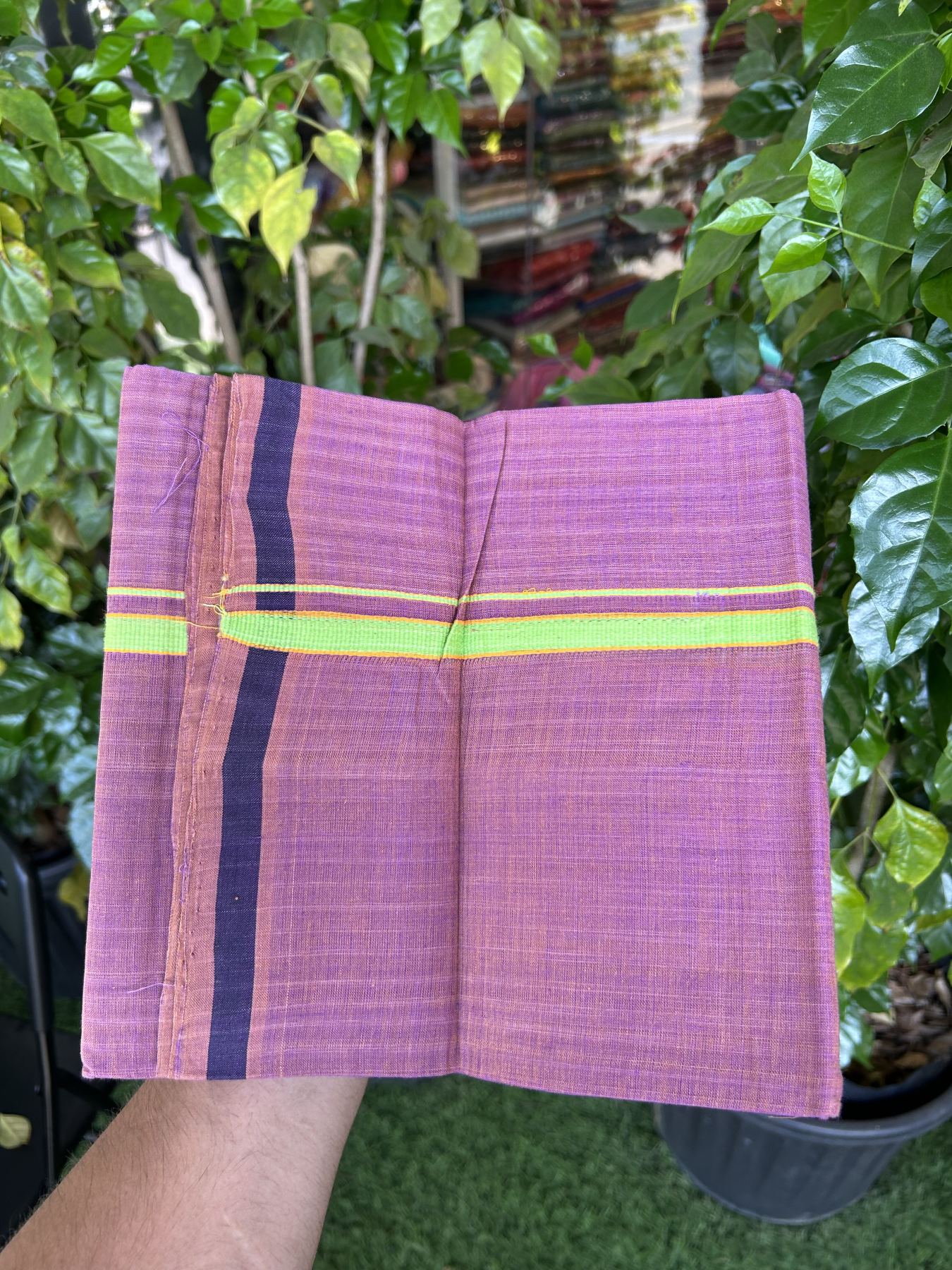 Kerala Handloom Single Hallmarked - 10% Discount !! KaithariKada 100% Pure Cotton - Mundu/Dhoti Purple Brown Body - 1.5 cm Green & Yellow Stripes Kara - (2 meter / 4 muzham) - 44 KK8048 ELA