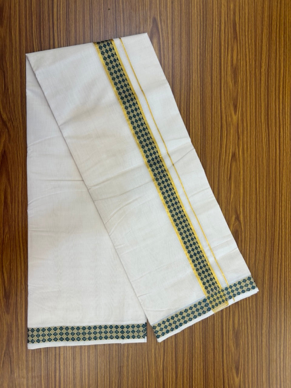 25% Discount ! Kaitharikada Handloom Unakkupaav Balaramapuram - 100% PURE Cotton OFF WHITE - (Unbleached) Double Mundu/Dhoti - 100x80 - 1.75 inch Gold Kasav & Peacock Green Jacquard Design Kara 4 mtr (8.5 Muzham) - 11 KK5301 ABH