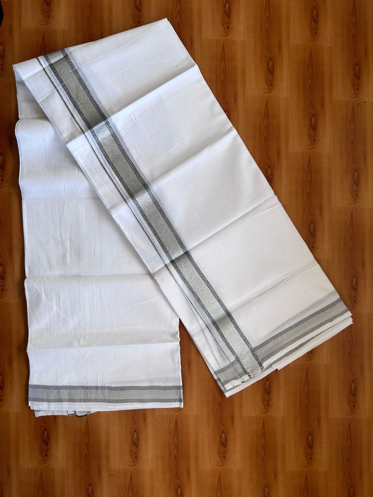 Pure white Double Mundu/Dhoti - 20% Discount! KaithariKada 100% Cotton - 100X80 - 1.25 inch Silver Kasav & Black Stripes Kara - 3.90 mtr (8.5 muzham) - 24 KK5515 CKS