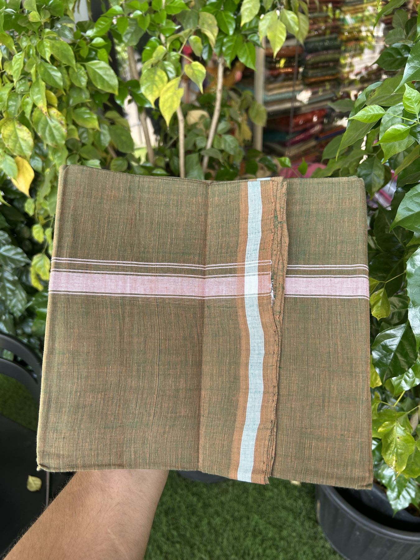 Kerala Handloom Single Hallmarked - 10% Discount !! KaithariKada 100% Pure Cotton - Mundu/Dhoti Brownish Green Body - 2 cm White Stripes Kara - (2 meter / 4 muzham) - 51 KK8048 ELA