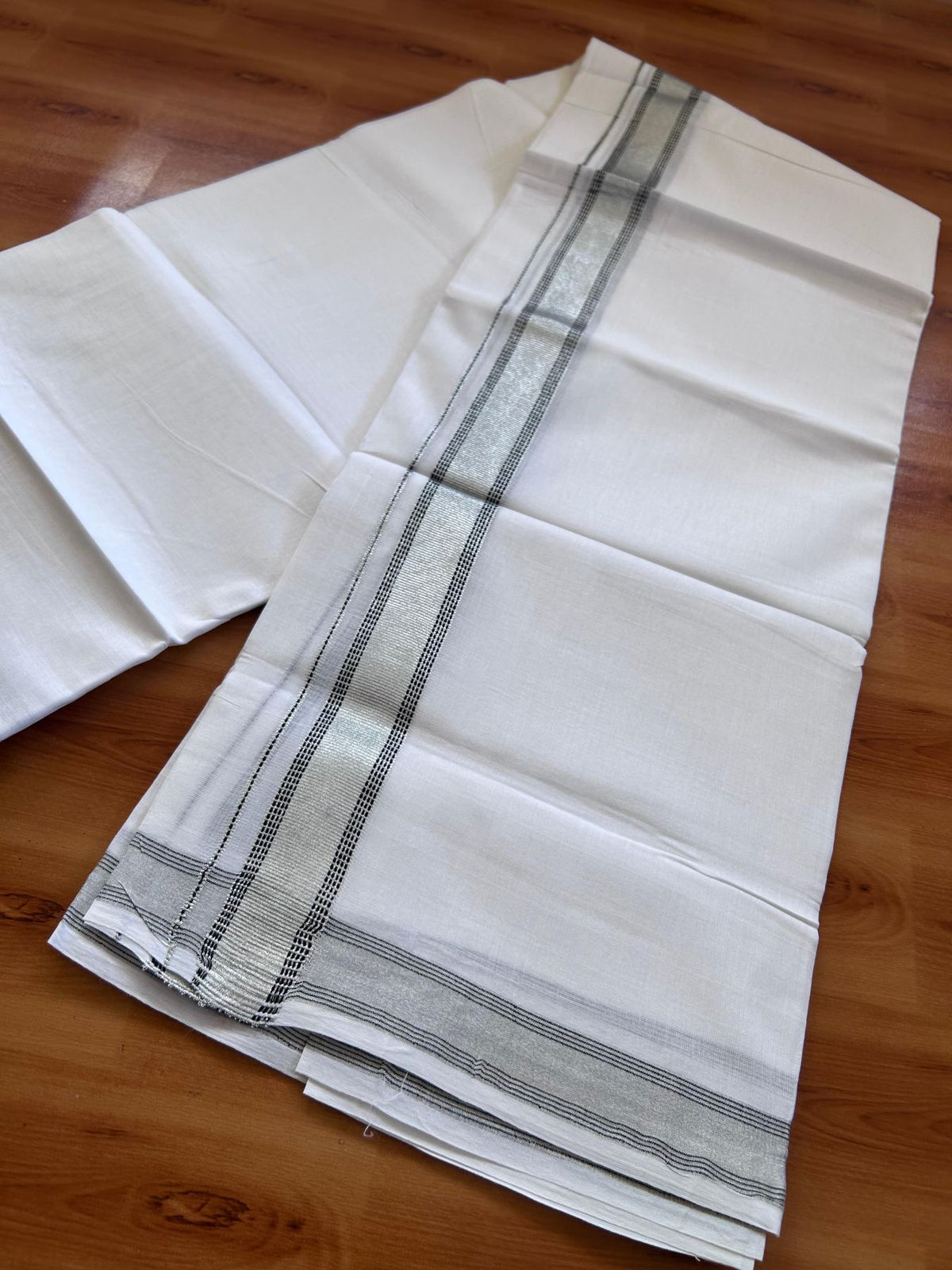 Pure white Double Mundu/Dhoti - 20% Discount! KaithariKada 100% Cotton - 100X80 - 1.25 inch Silver Kasav & Black Stripes Kara - 3.90 mtr (8.5 muzham) - 24 KK5515 CKS