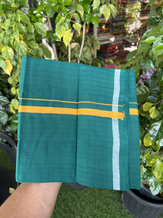 Kerala Handloom Single Hallmarked - 10% Discount !! KaithariKada 100% Pure Cotton - Mundu/Dhoti Pine Green Body - 1 inch Orange Kara - (2 meter / 4 muzham) - 48 KK8048 ELA