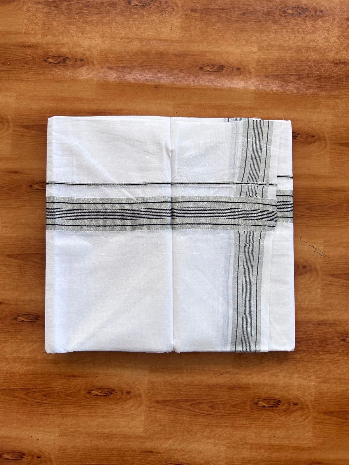 Pure white Double Mundu/Dhoti - 20% Discount! KaithariKada 100% Cotton - 100X80 - 1.25 inch Silver Kasav & Black Kara - 3.90 mtr (8.5 muzham) - 22 KK5515 CKS