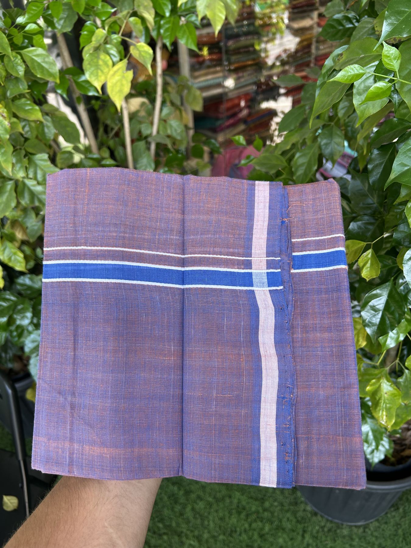 Kerala Handloom Single Hallmarked - 10% Discount !! KaithariKada 100% Pure Cotton - Mundu/Dhoti Brick Red & Blue Body - 1.5 cm Blue & white Stripes Kara - (2 meter / 4 muzham) - 45 KK8048 ELA