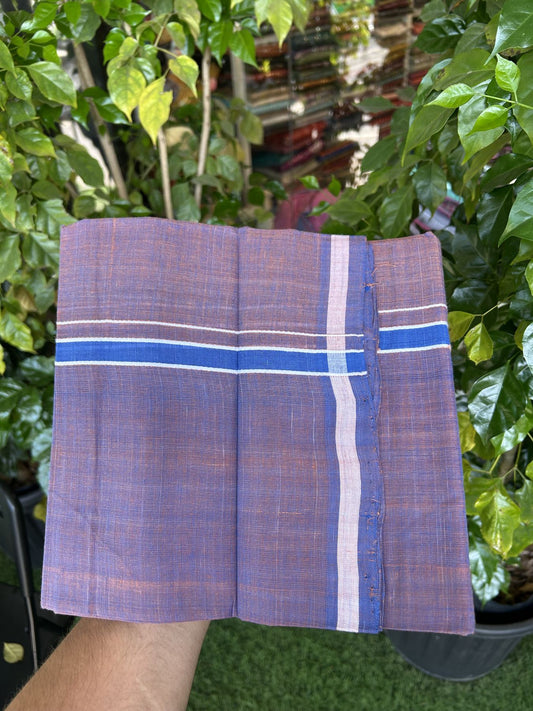 Kerala Handloom Single Hallmarked - 10% Discount !! KaithariKada 100% Pure Cotton - Mundu/Dhoti Brick Red & Blue Body - 1.5 cm Blue & white Stripes Kara - (2 meter / 4 muzham) - 45 KK8048 ELA