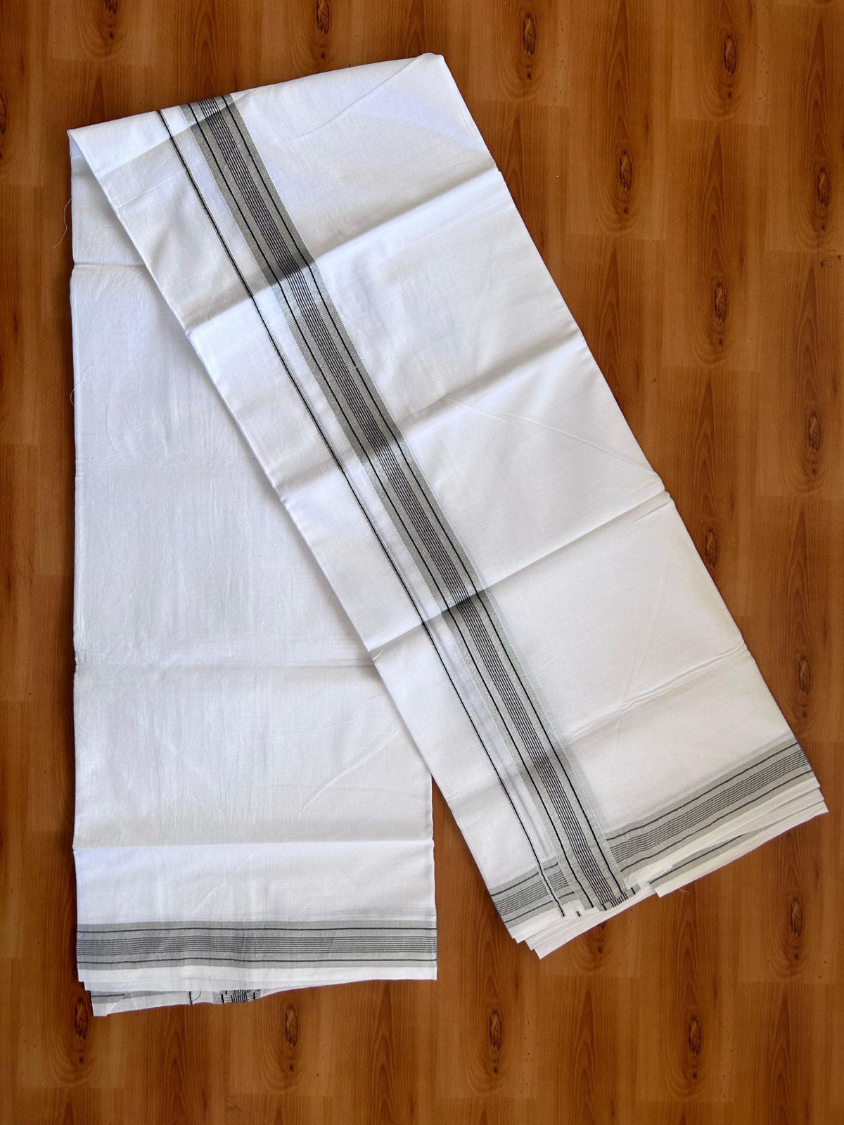 Pure white Double Mundu/Dhoti - 20% Discount! KaithariKada 100% Cotton - 100X80 - 1.25 inch Silver Kasav & Black Kara - 3.90 mtr (8.5 muzham) - 22 KK5515 CKS