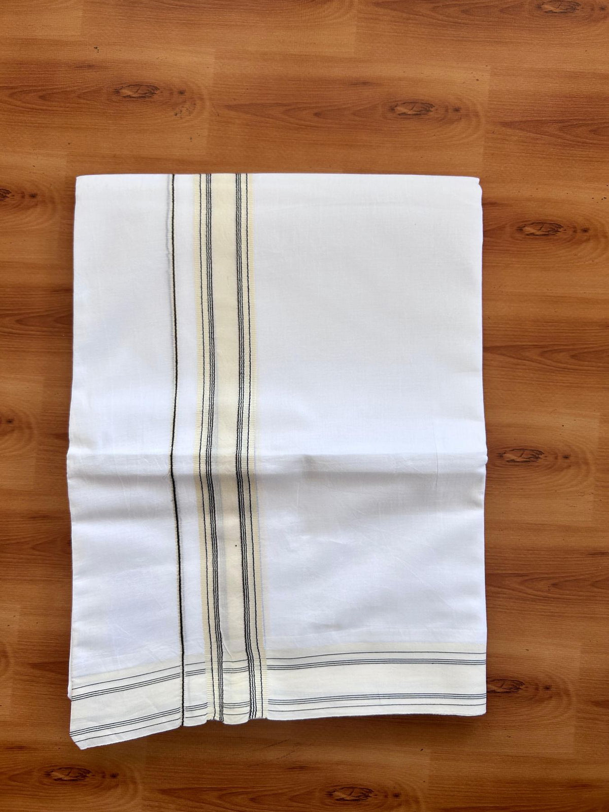 Pure white Double Mundu/Dhoti - 20% Discount! KaithariKada 100% Cotton - 100X80 - 1.5 inch Light Yellow & Black Stripes Kara - 3.90 mtr (8.5 muzham) - 26 KK5515 CKS