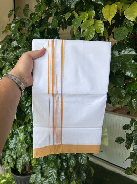 20% Discount ! Kaitharikada Balaramapuram 100% Pure Cotton Double Pure White Mundu/Dhoti - 100x80 - 1.25 inch Cadmium Orange shaded striped chutty 3.90 mtr (8.5 muzham) - 57 KK5361 PMC