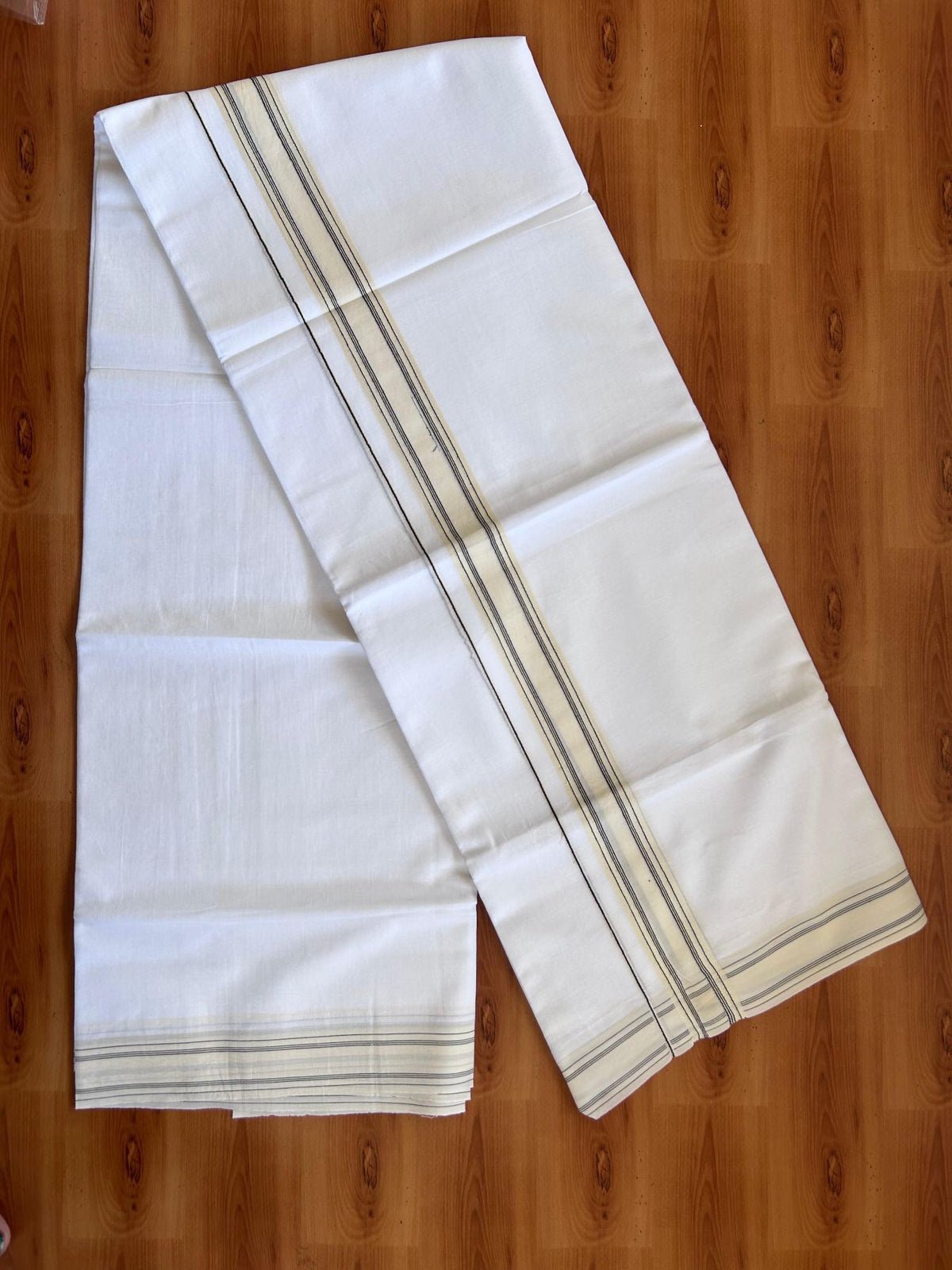Pure white Double Mundu/Dhoti - 20% Discount! KaithariKada 100% Cotton - 100X80 - 1.5 inch Light Yellow & Black Stripes Kara - 3.90 mtr (8.5 muzham) - 26 KK5515 CKS