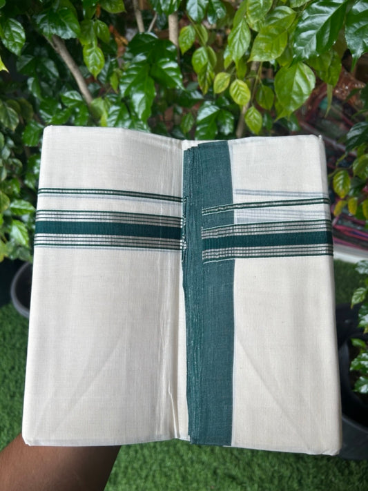 25% Discount!!! KaithariKada HANDLOOM MILLPAAV Balaramapuram - 100% PURE Cotton OFF WHITE (Unbleached) Double Mundu/Dhoti - 80x90 - 1.25 inch Silver kasavu Green striped kara 4 Mtr (8.5 Muzham) - 28KK5235 YAR