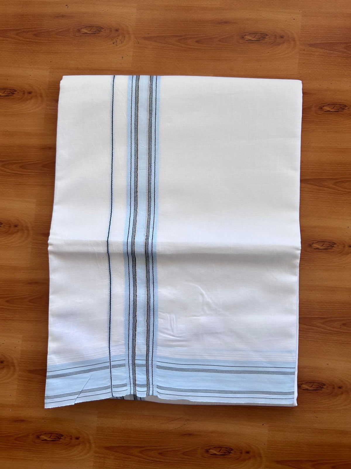 Pure white Double Mundu/Dhoti - 20% Discount! KaithariKada 100% Cotton - 100X80 - 1.5 inch Light Blue & Black Stripes Kara - 3.90 mtr (8.5 muzham) - 27 KK5515 CKS