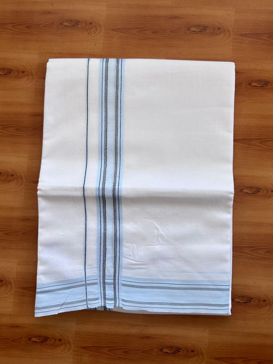 Pure white Double Mundu/Dhoti - 20% Discount! KaithariKada 100% Cotton - 100X80 - 1.5 inch Light Blue & Black Stripes Kara - 3.90 mtr (8.5 muzham) - 27 KK5515 CKS