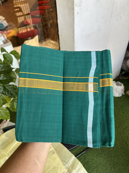 Kerala Handloom Single Hallmarked - 10% Discount !! KaithariKada 100% Pure Cotton - Mundu/Dhoti Pine Green Body - 1 inch Orange Shaded Kara - (2 meter / 4 muzham) - 49 KK8048 ELA