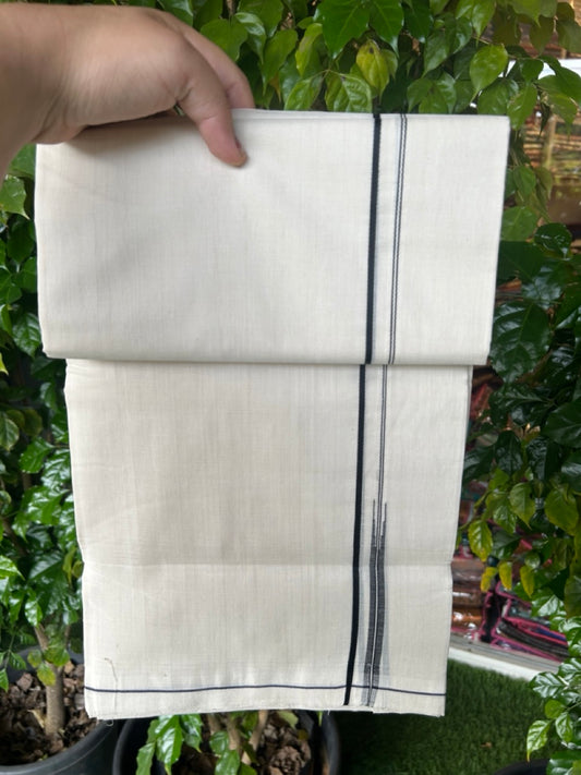 25% Discount!!! KaithariKada HANDLOOM UNAKKUPAAV Balaramapuram - 100% PURE Cotton OFF WHITE (Unbleached) Double Mundu/Dhoti - 80x90 - 0.5 cm Black Puliyilakkara chutty 4 Mtr (8.5 Muzham) - 26KK5235 YAR