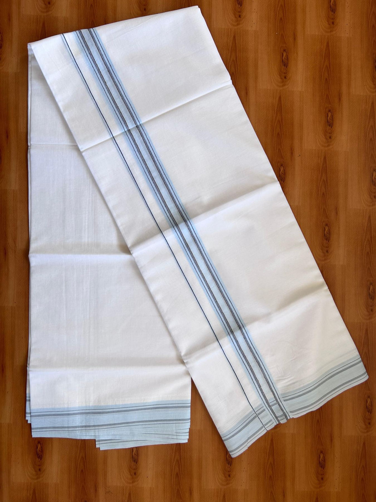 Pure white Double Mundu/Dhoti - 20% Discount! KaithariKada 100% Cotton - 100X80 - 1.5 inch Light Blue & Black Stripes Kara - 3.90 mtr (8.5 muzham) - 27 KK5515 CKS