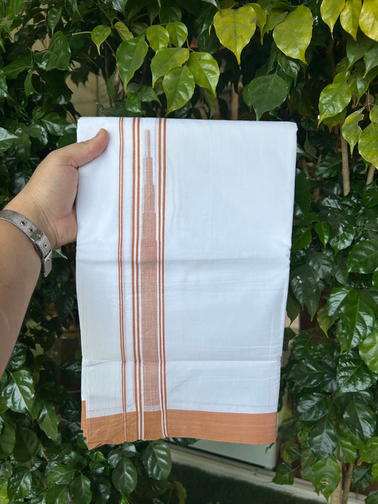 20% Discount ! Kaitharikada Balaramapuram 100% Pure Cotton Double Pure White Mundu/Dhoti - 100x80 - 1.25 inch Orange Brown shaded striped Temple chutty 3.90 mtr (8.5 muzham) - 123 KK5361 PMC