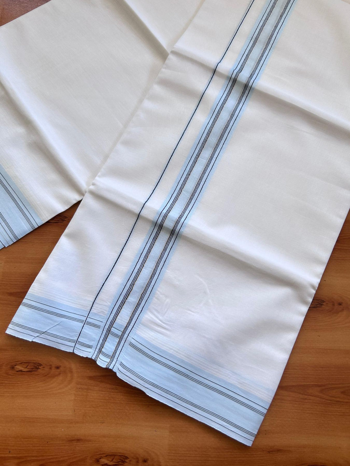 Pure white Double Mundu/Dhoti - 20% Discount! KaithariKada 100% Cotton - 100X80 - 1.5 inch Light Blue & Black Stripes Kara - 3.90 mtr (8.5 muzham) - 27 KK5515 CKS