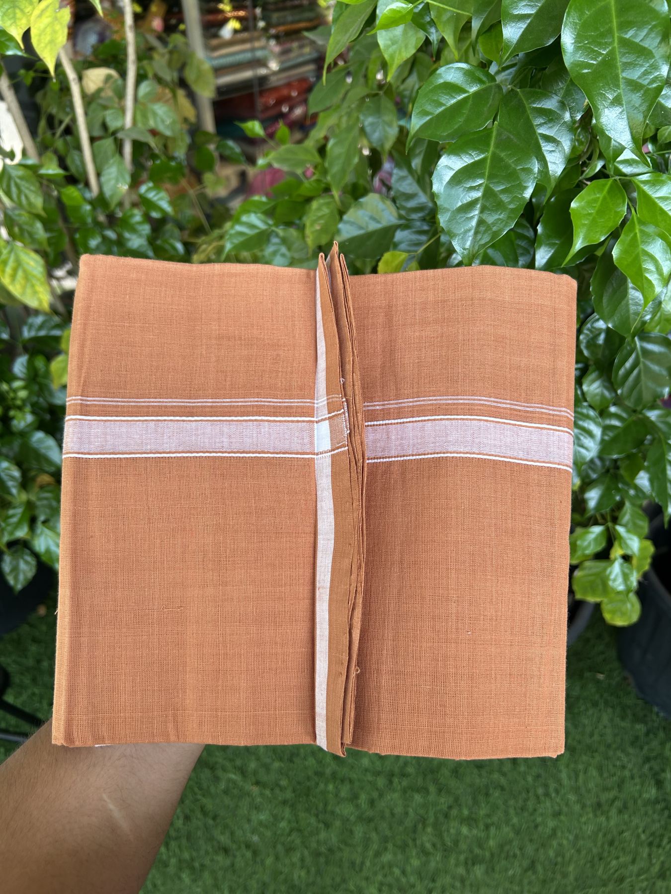 Kerala Handloom Single Hallmarked - 10% Discount !! KaithariKada 100% Pure Cotton - Mundu/Dhoti 2 cm White Shaded Striped Kara with Kavi colour Body - (2 meter / 4 muzham) - 4 KK8048 ELA