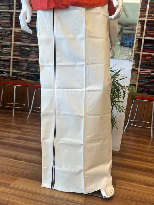 ADMK VESTHI 29% DISCOUNT ! KaithariKada Balaramapuram 100% COTTON SINGLE OFF WHITE (Unbleached) Mundu/Dhoti-100X100- 0.5 Inch  Puliyilakkara Maroon & Black Chutty Kara (2 metre - 4 muzham) - 4KK5084ASH
