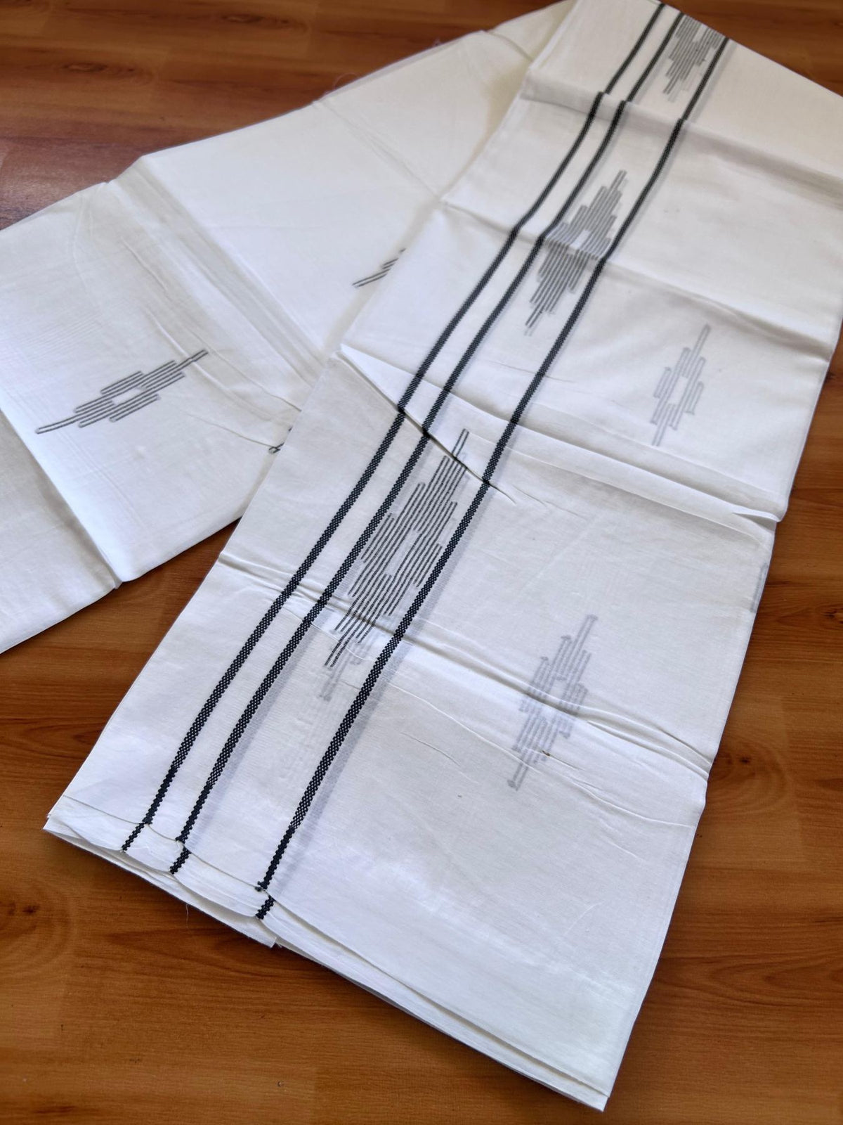 Pure White Double Mundu/Dothi - 20% Discount ! Kaitharikada Balaramapuram 100% Cotton - 100x80 - Navy Blue Stripes Jacquard Design Kara 3.80 mtr (8 muzham) - 12 KK5516 THI