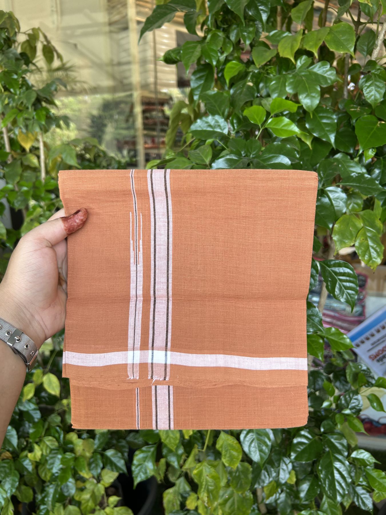 Kerala Handloom Single Hallmarked - 10% Discount !! KaithariKada 100% Pure Cotton - Mundu/Dhoti 2 cm Puliyilakkara Black & White Shaded Chutty Kara with Kavi colour Body - (2 meter / 4 muzham) - 10 KK8048 ELA