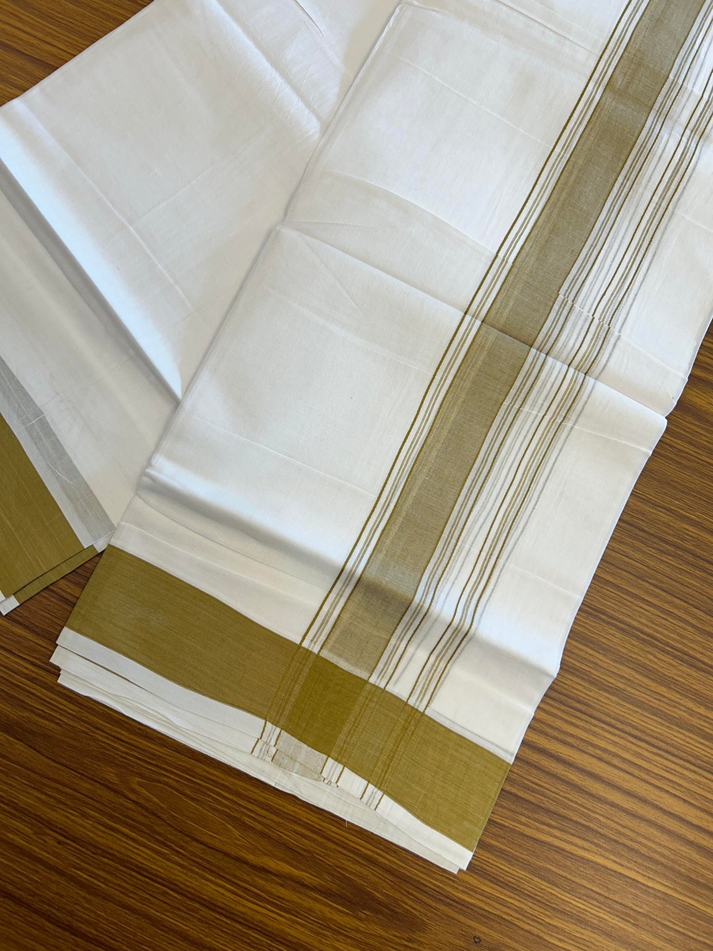 20% Discount!!! KaithariKada Balaramapuram 100% Cotton Double Pure White Mundu/Dhoti - 100X80 - 1.75 Inch Sand Brown Shaded Stripes kara - 3.90 Mtr (8 Muzham) - 42 KK5361 PMC