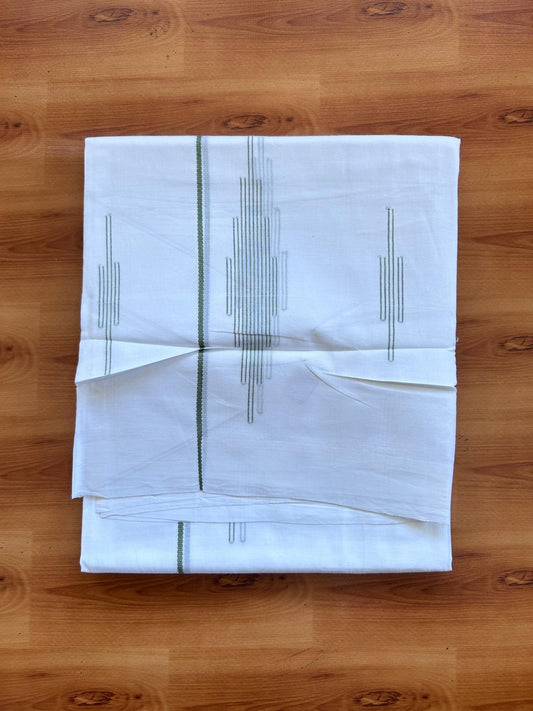 Pure White Double Mundu/Dothi - 20% Discount ! Kaitharikada Balaramapuram 100% Cotton - 100x80 - Parrot Green Stripes Jacquard Design Kara 3.80 mtr (8 muzham) - 3 KK5516 THI