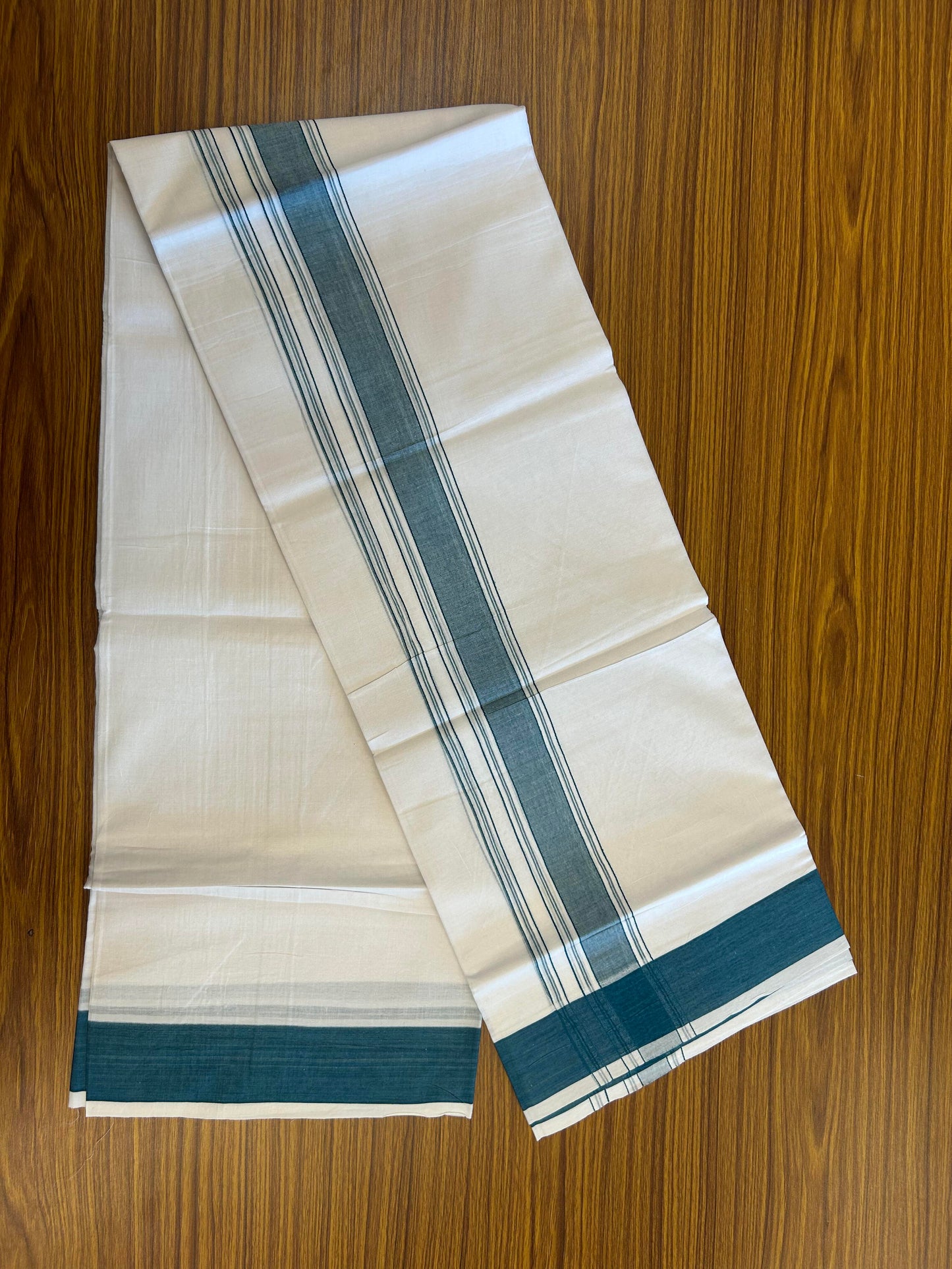 20% Discount!!! KaithariKada Balaramapuram 100% Cotton Double Pure White Mundu/Dhoti - 100X80 - 1.75 Inch Peacock Blue Shaded Stripes kara - 3.90 Mtr (8 Muzham) - 38 KK5361 PMC