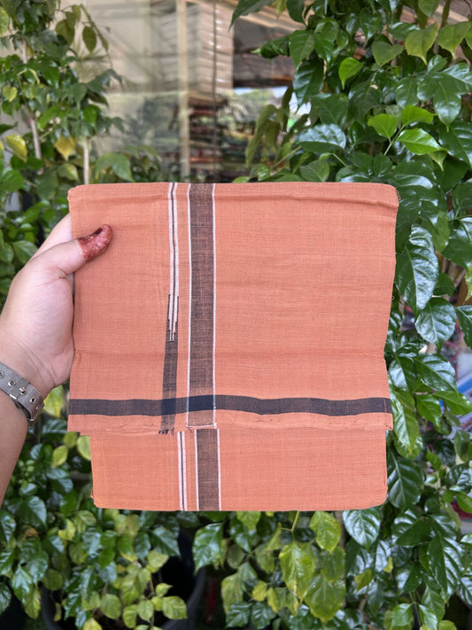 Kerala Handloom Single Hallmarked - 10% Discount !! KaithariKada 100% Pure Cotton - Mundu/Dhoti 1.5 cm Puliyilakkara Black & White Shaded Chutty Kara with Kavi colour Body - (2 meter / 4 muzham) - 8 KK8048 ELA