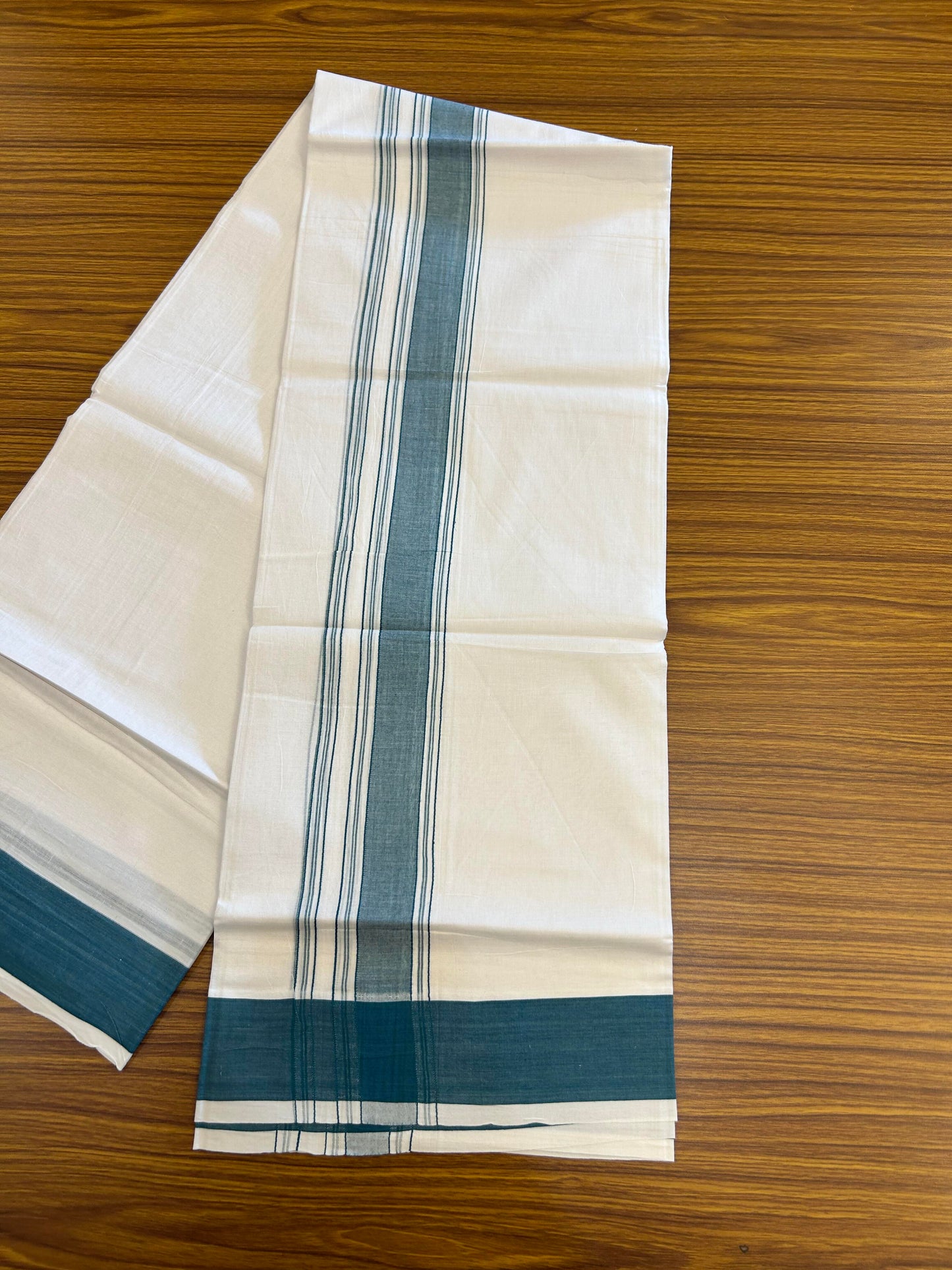 20% Discount!!! KaithariKada Balaramapuram 100% Cotton Double Pure White Mundu/Dhoti - 100X80 - 1.75 Inch Peacock Blue Shaded Stripes kara - 3.90 Mtr (8 Muzham) - 38 KK5361 PMC