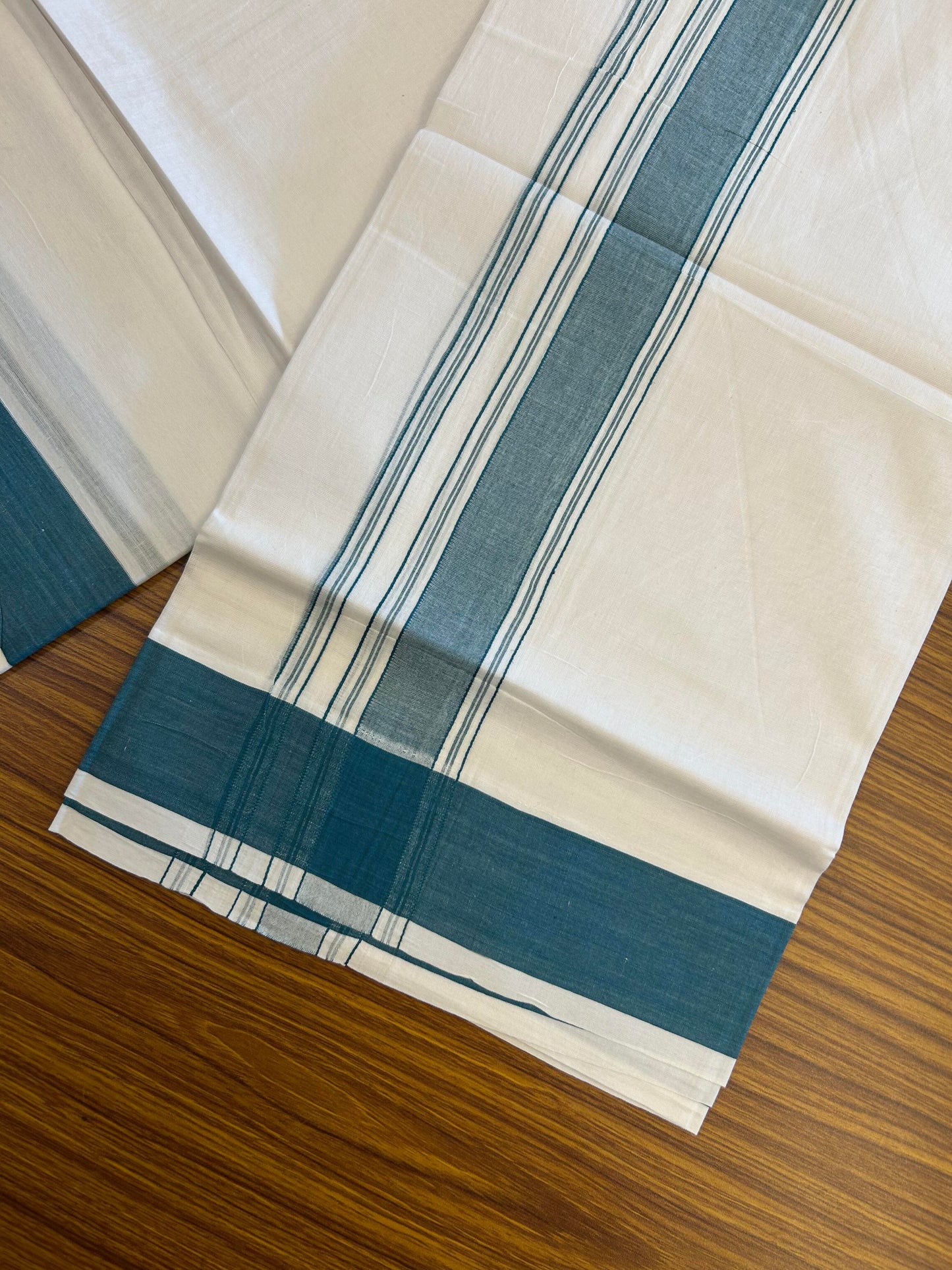 20% Discount!!! KaithariKada Balaramapuram 100% Cotton Double Pure White Mundu/Dhoti - 100X80 - 1.75 Inch Peacock Blue Shaded Stripes kara - 3.90 Mtr (8 Muzham) - 38 KK5361 PMC