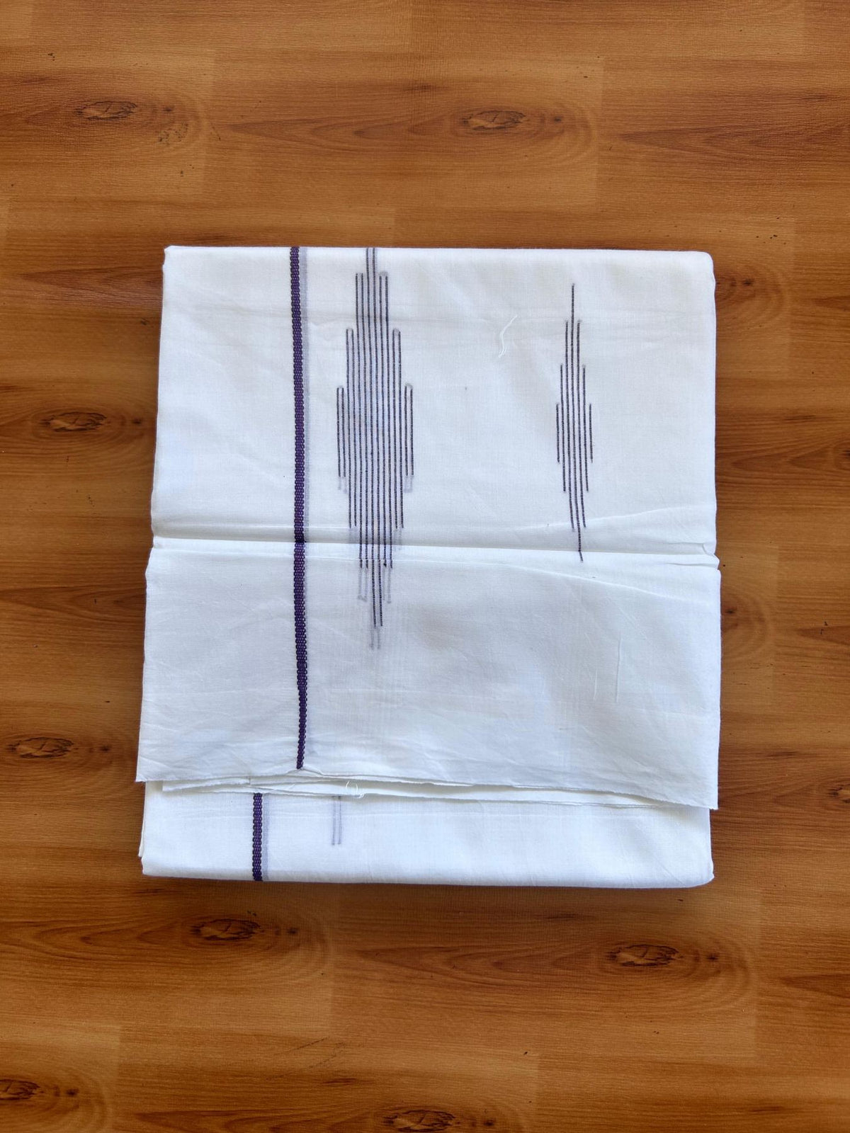 Pure White Double Mundu/Dothi - 20% Discount ! Kaitharikada Balaramapuram 100% Cotton - 100x80 - Purple Stripes Jacquard Design Kara 3.80 mtr (8 muzham) - 2 KK5516 THI