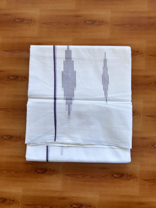 Pure White Double Mundu/Dothi - 20% Discount ! Kaitharikada Balaramapuram 100% Cotton - 100x80 - Purple Stripes Jacquard Design Kara 3.80 mtr (8 muzham) - 2 KK5516 THI