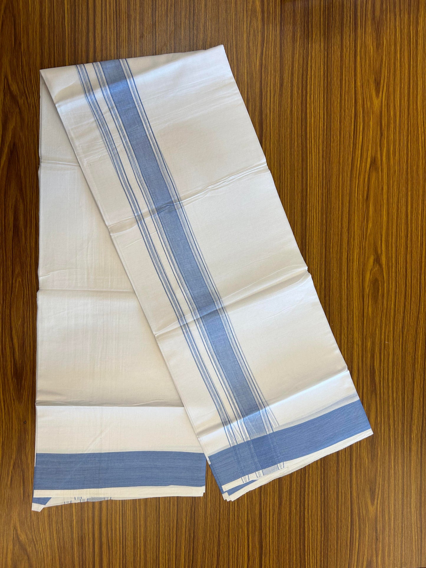 20% Discount!!! KaithariKada Balaramapuram 100% Cotton Double Pure White Mundu/Dhoti - 100X80 - 1.75 Inch Light Blue Shaded Stripes kara - 3.90 Mtr (8 Muzham) - 34 KK5361 PMC