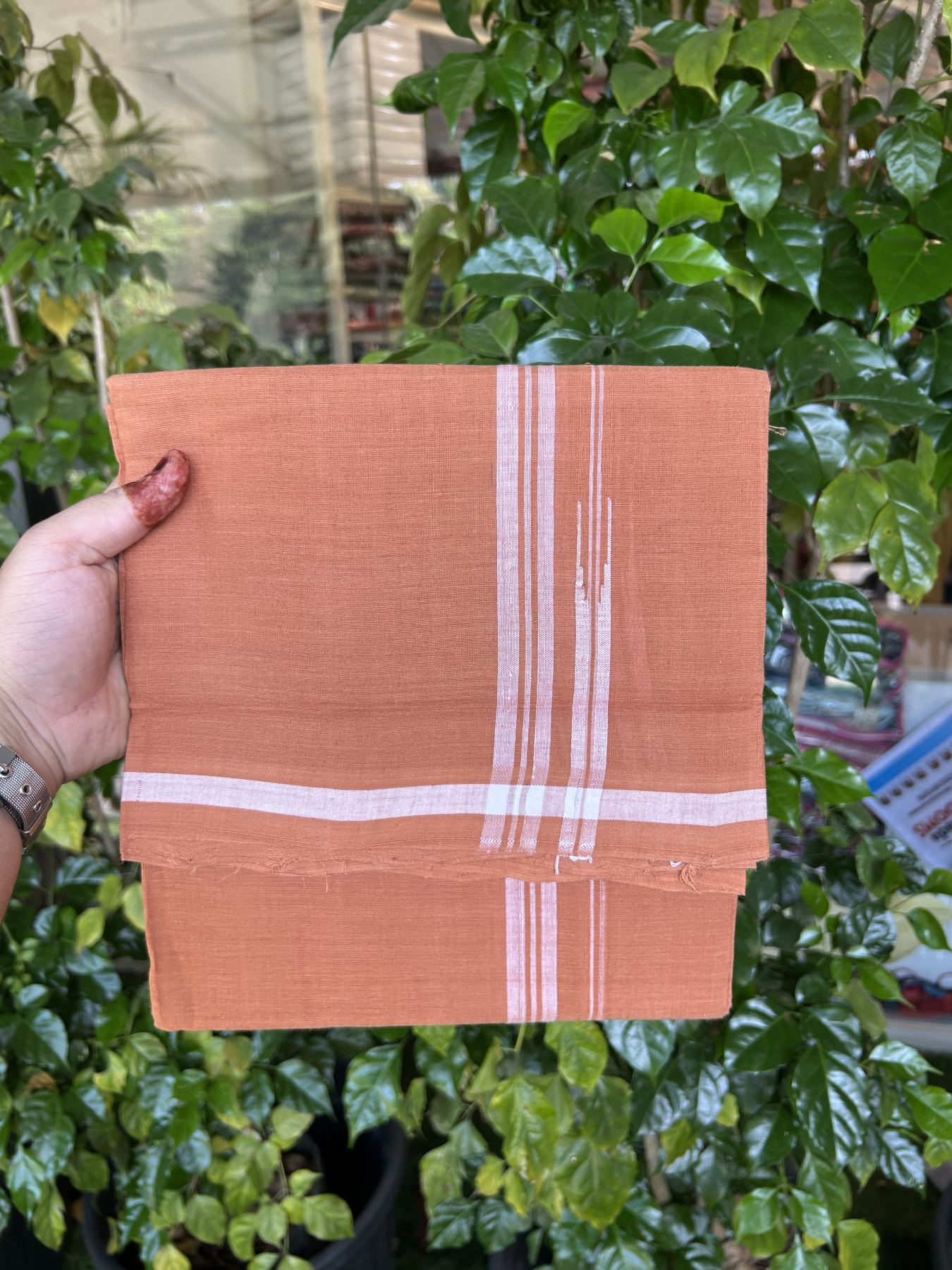 Kerala Handloom Single Hallmarked - 10% Discount !! KaithariKada 100% Pure Cotton - Mundu/Dhoti 2 cm Puliyilakkara White Shaded Striped Chutty Kara with Kavi colour Body - (2 meter / 4 muzham) - 14 KK8048 ELA